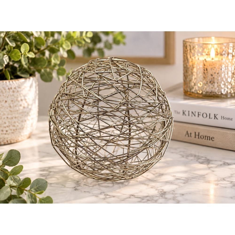 Silver Metal Wire Decorative Orb Sphere Modern Abstract Tabletop Home Decor